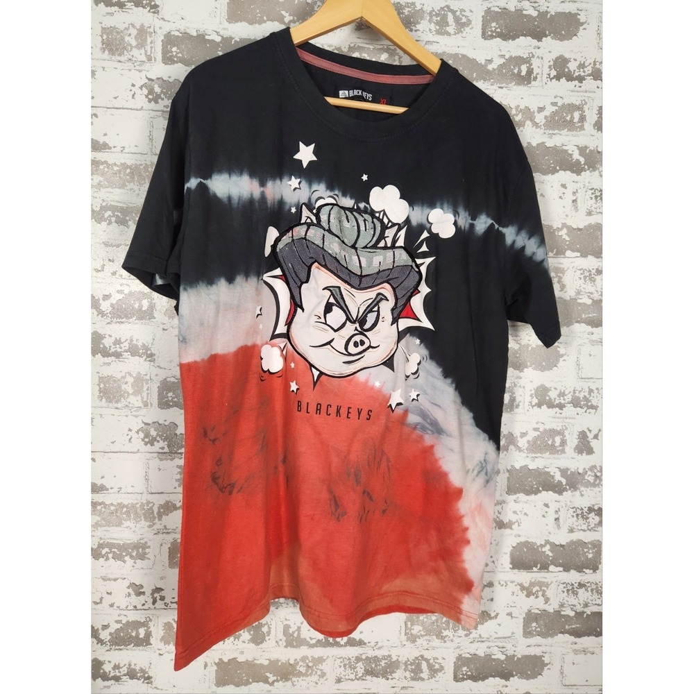 Black Keys Graphic T-Shirt Mens XL Black Red Tie Dye Cartoon Pig Streetwear Tee